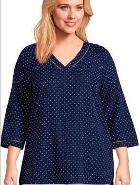 Lands' End V-neck tunic blouse Blue Polca Dot Size Large V-neck Decorative Trim